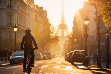 Male biker riding a bicycle at early morning on a street of Paris, France.
