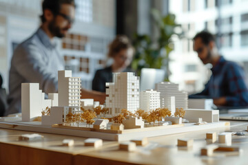 Complex scale city model on the table in project office. Real estate architect team working on new urban and business buildings project