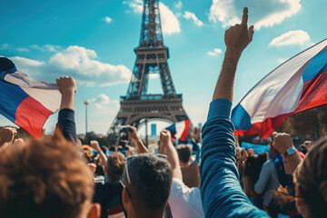 Excited sports spectators holding French flags near the Eiffel tower in Paris, France.