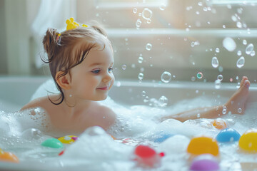 Cute little girl playing with rubber toys in bathtub. Happy kid having fun while bathing.