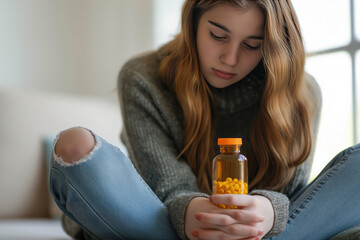 Teenager with bottle of pills. Teen girl dealing with depression, sadness, and feeling alone. Mental health and anxiety. Suicide attempt