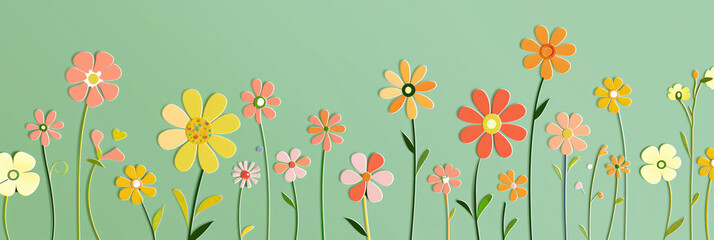 Different colorful flowers on green background.