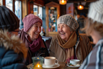 Cheerful senior female friends enjoying time together in restaurant or cafe. Going out with friends in elderly people.