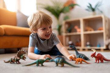 Adorable preschooler boy playing with toy dinosaurs on the floor at home.