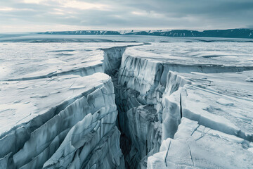 Aerial view of glacier surface with white and blue ice texture.