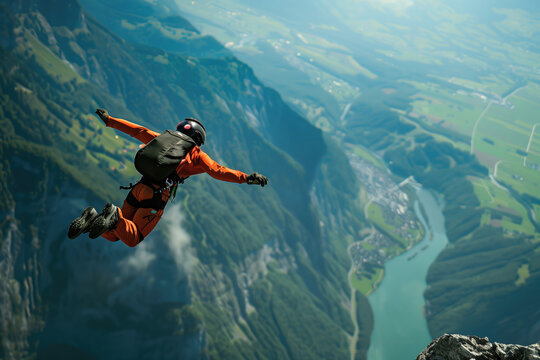 Man practicing base jumping from a cliff. One of the most dangerous extreme sport.