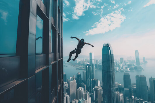 Man practicing base jumping from a city building. One of the most dangerous extreme sport.