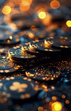 Virtual online casino concept, gaming, currency entertainment, gambling symbols, nightlife, deluxe symbol, betting chips playing cards, live poker digital entertainment, banner wallpaper background.