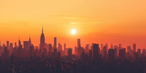 Big city skyline with skyscrapers at sunset or sunrise.