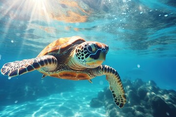 Obraz premium Graceful Turtle Gliding Through Tropical Waters