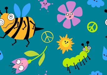 Cartoon summer print seamless bee and flower and sun and clouds and peace sign