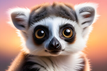 Obraz premium Little cute lemur on a tree in the sunset light