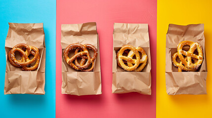 Paper bags with tasty pretzels on color background