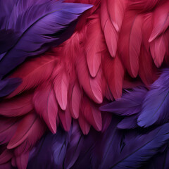 Bright feather background in purple and red colors. Top view, flat lay. Macro feathers of tropical birds. Beautiful pattern for banner, poster, print with copy space.
