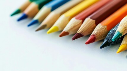 Obraz premium Multi colored pencils and pens. Various school attributes and supplies on white background for education and learning concept