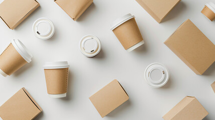 Paper boxes and cups on white background