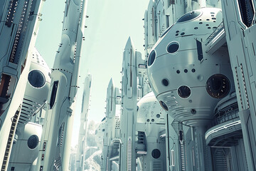 futuristic city with white buildings and silver structures, futuristic scifi style, hightech - obrazy, fototapety, plakaty