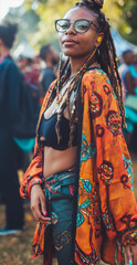 Obraz premium Young woman enjoy a music festival in unique boho gypsy style outfit