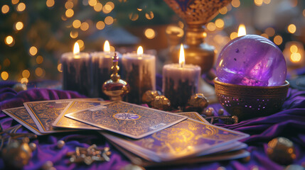 On a purple cloth, crystal balls, tarot cards used for divination, magical tools for modern...