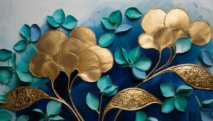 abstract floral oil painting gold and blue hydrangea flower on white background generative ai