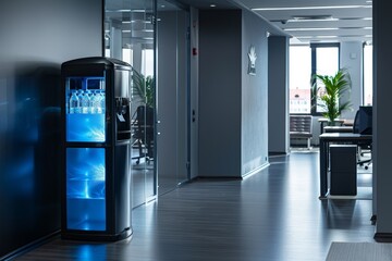 Modern office with stylish blue cooler and water detail for workplace environment