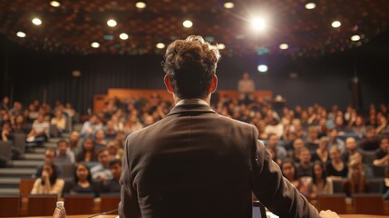 A person seen from behind is addressing a large audience in a conference or lecture hall setting