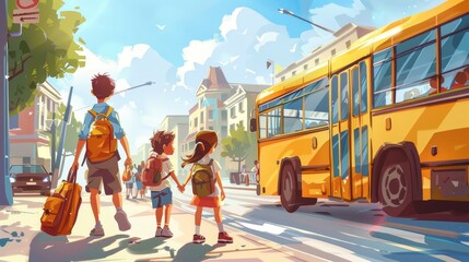 School children standing with backpacks at sunny bus stop in the morning, ready for school.