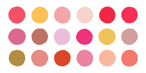 Circles of various shades of pink with jagged edges, hand-cut with scissors. Vector illustration in the form of template pattern for text, palette for cosmetics on white isolated background.