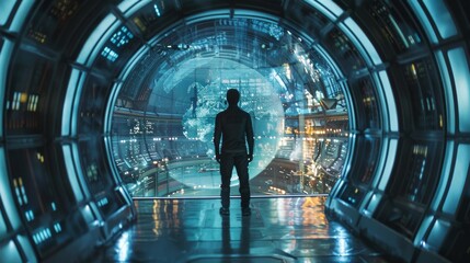 A person stares ahead into an advanced control room with glowing panels and lights