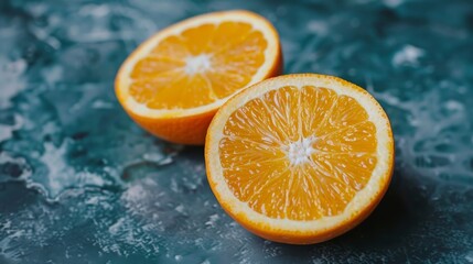 Two halves of a juicy orange on a dark textured background, illustrating vibrant color and natural fruit