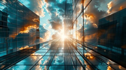 Stunning skyscraper glass facade reflecting passing clouds and the sky during a beautiful sunset