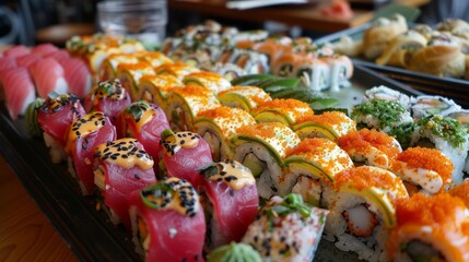 Elegant presentation of various sushi rolls filled with vibrant ingredients served on a long platter in a restaurant