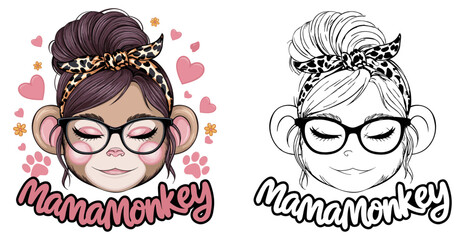 monkey mom 2024 mother day motherhood vector design, messy bun hair Mamamonkey