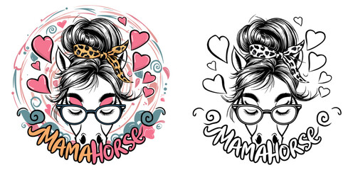 horse mom 2024 mother day motherhood vector design, messy bun hair Mamahorse