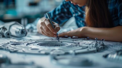 Female engineer meticulously works on assembling mechanical components on workshop table with precision