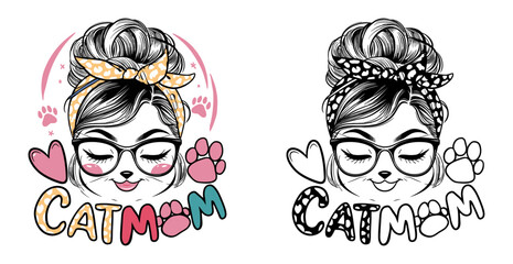 cat mom 2024 mother day motherhood vector design, messy bun hair catmom