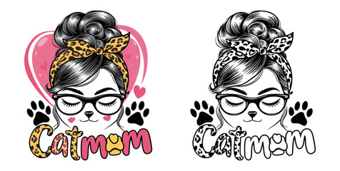 cat mom 2024 mother day motherhood vector design, messy bun hair catmom