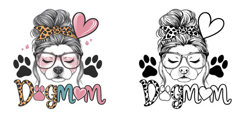 dog mom 2024 mother day motherhood vector design, messy bun hair dog mom