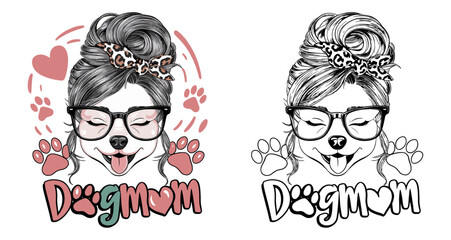 dog mom 2024 mother day motherhood vector design, messy bun hair dog mom