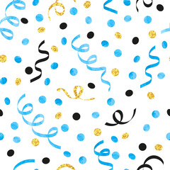 Confetti and streamers ribbons pattern. Seamless vector celebration background. Party design in blue and golden colors