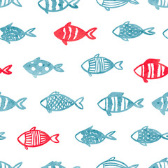 Seamless sea pattern with cute watercolor fish. Marine vector illustration