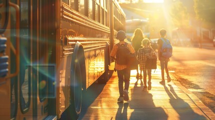 Diverse group of students with backpacks walking to the school bus stop on a sunny morning