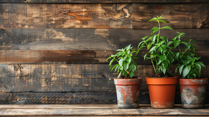 Pepper trees in pots on wooden background