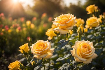 blooming yellow tea roses in the garden