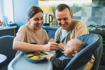 The first complementary food for a baby. A mother feeds puree to her 6-month-old son.