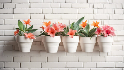 Tropical flowers in decorative clay pots on white brick wall, copy space for text
