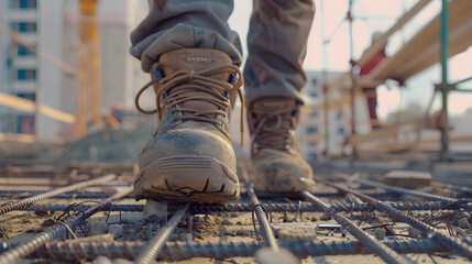 Show a construction worker on a job site, wearing heavy-duty safety shoes with steel toe caps, navigating around various hazards like nails and debris
