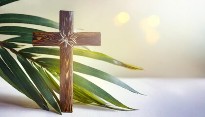 palm sunday holiday wooden cross with palm leaf on light background with copy space religion...