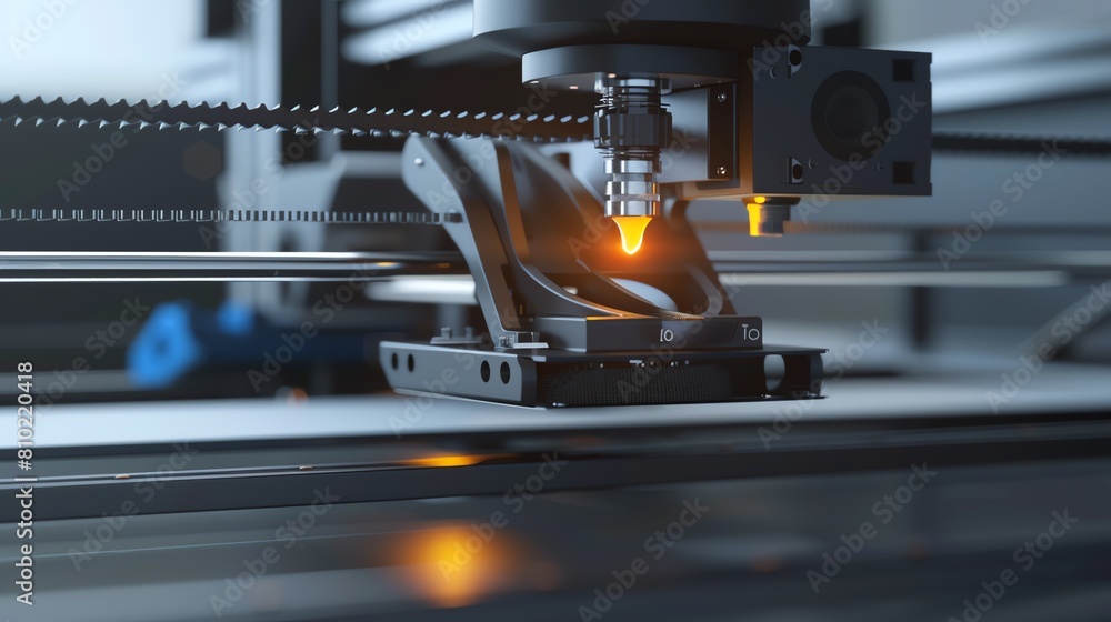 Poster close-up of a 3d printer nozzle creating a metallic object, highlighting the precision and innovatio
