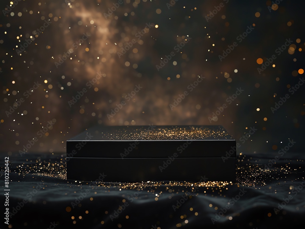 Poster a mystical black box surrounded by golden sparkles on a dark fabric surface, creating an enchanting 